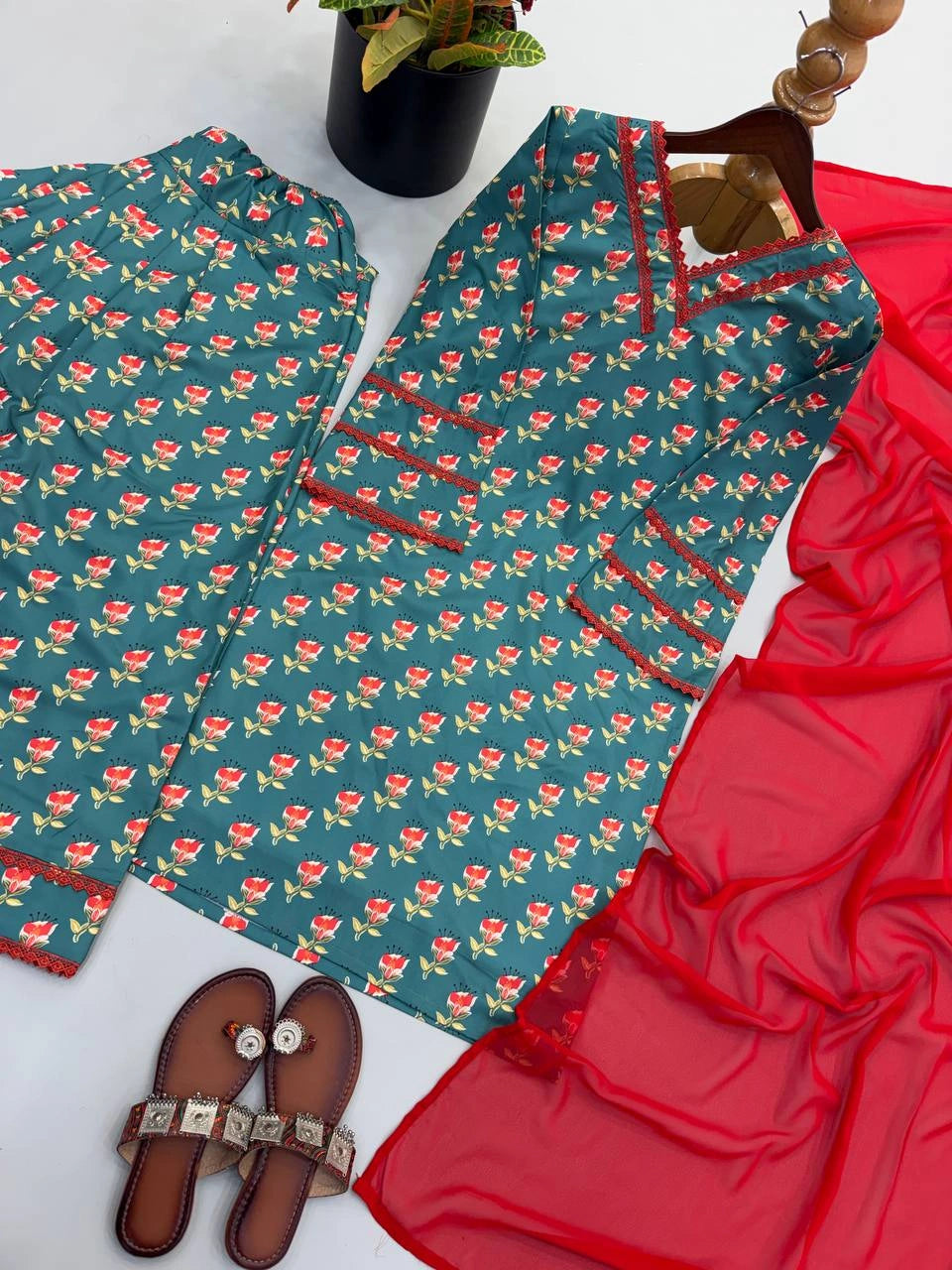 Teal Green Digital Floral Print Farshi Suit flat lay full set – Kalyanja KU303